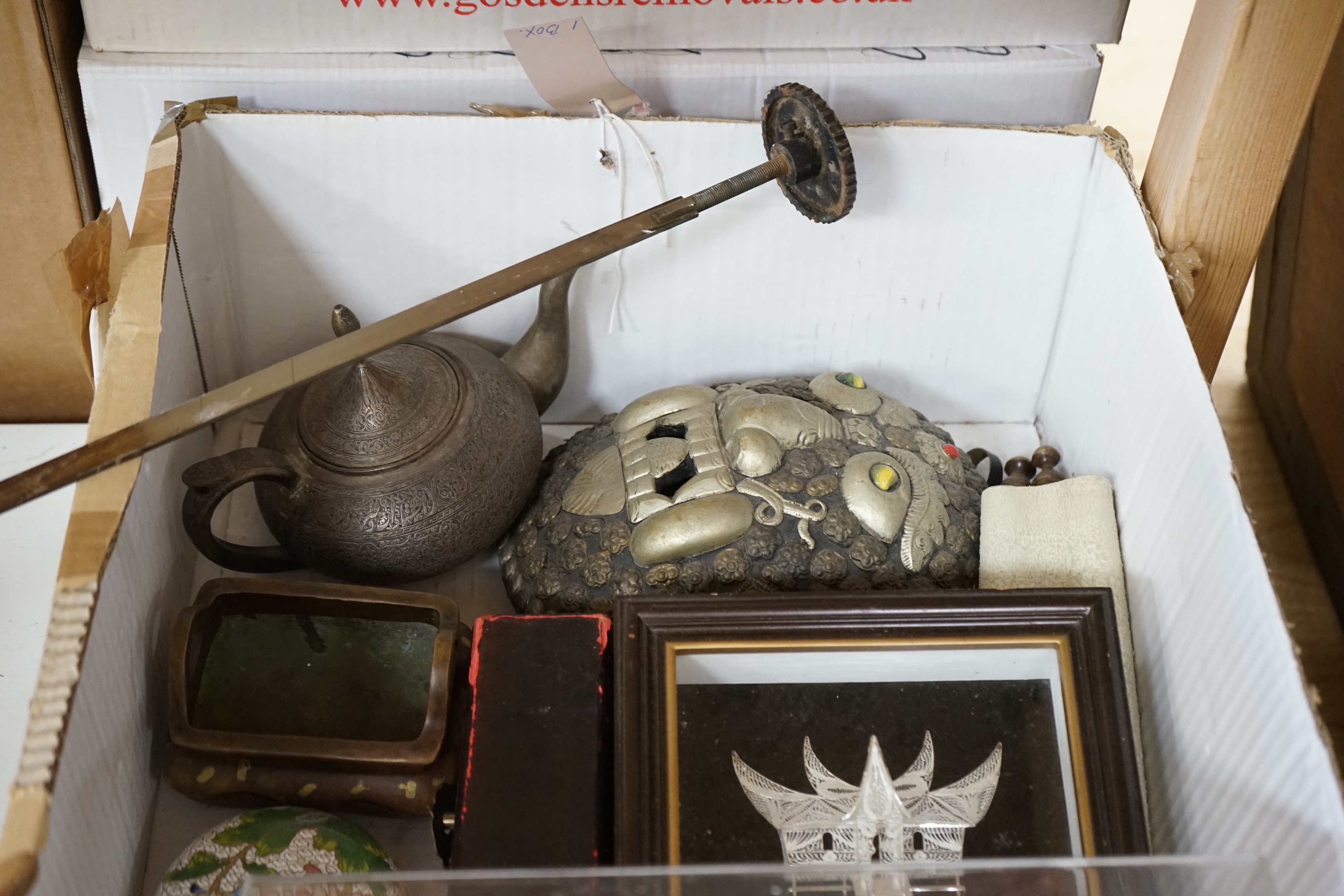 A selection of assorted Chinese domestic and decorative objects, to include a teapot, group figure of a horse and cart etc.